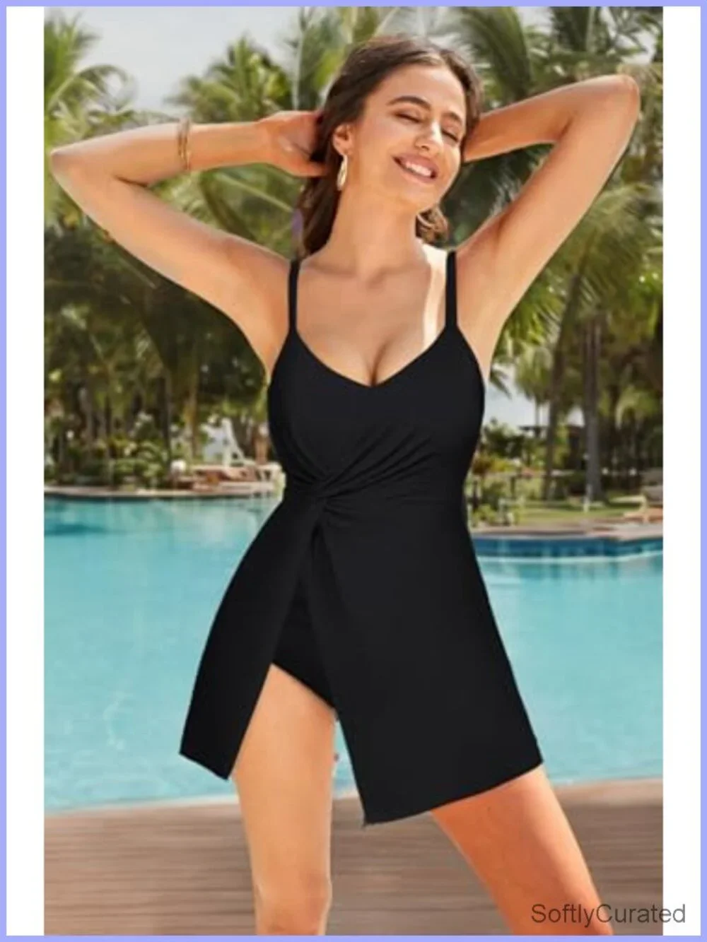 One Piece Swim Dress V Neck Tummy Control Beachwear Bathing Suit